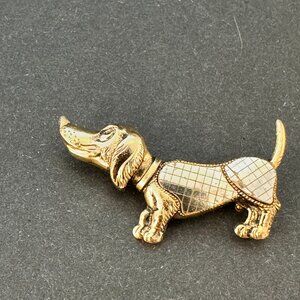 Vintage Gold Scottie Dog Brooch with Mirror Tile Detail